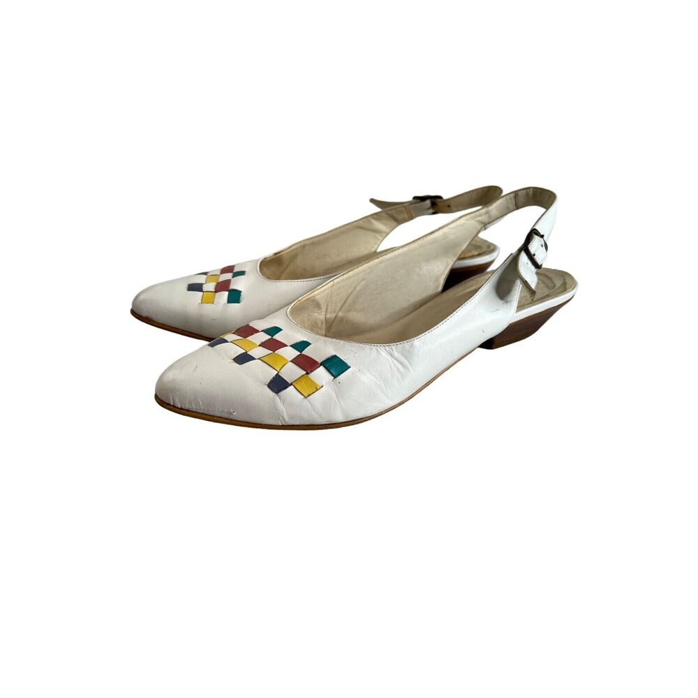 Vintage 80s White Slingback Heels Multicolor‎ Woven Pattern Kitten Heel Party